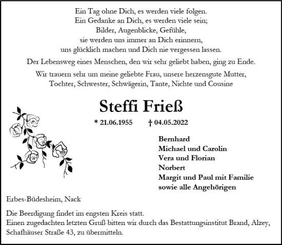 Traueranzeige von Steffi Frieß von vrm-trauer Allgemeine Zeitung Alzey