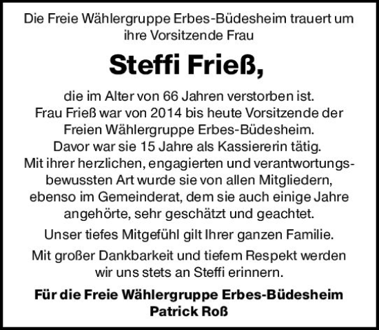 Traueranzeige von Steffi Frieß von vrm-trauer Allgemeine Zeitung Alzey