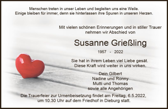 Traueranzeige von Susanne Grießling von vrm-trauer DieburgerAnzeiger/Groß-Zimmerner Lokala