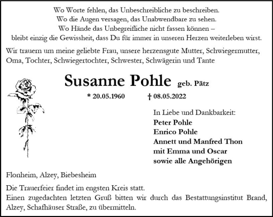 Traueranzeige von Susanne Pohle von vrm-trauer Allgemeine Zeitung Alzey