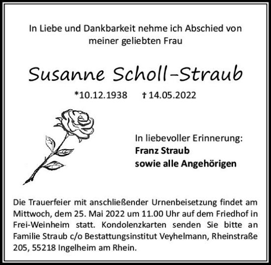 Traueranzeige von Susanne Scholl-Straub von vrm-trauer Allgemeine  Zeitung Ingelheim-Bingen