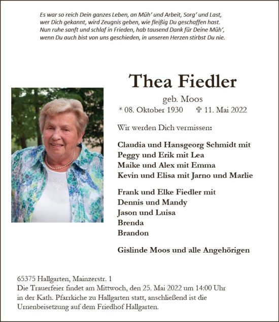 Traueranzeige von Thea Fiedler von vrm-trauer Rheingau