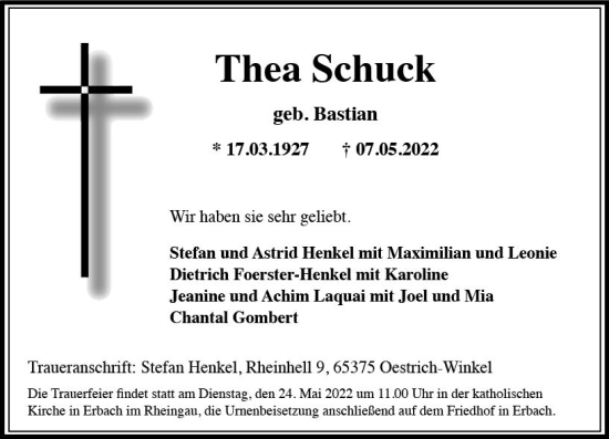 Traueranzeige von Thea Schuck von vrm-trauer Rheingau