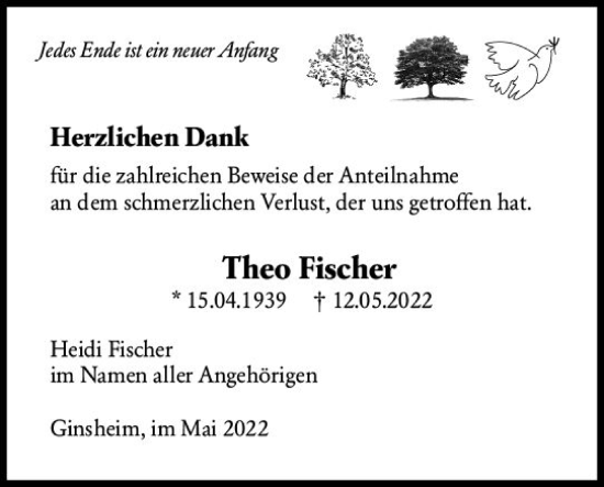 Traueranzeige von Theo Fischer von vrm-trauer AZ Mainz