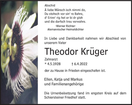 Traueranzeige von Theodor Krüger von vrm-trauer Wiesbadener Kurier