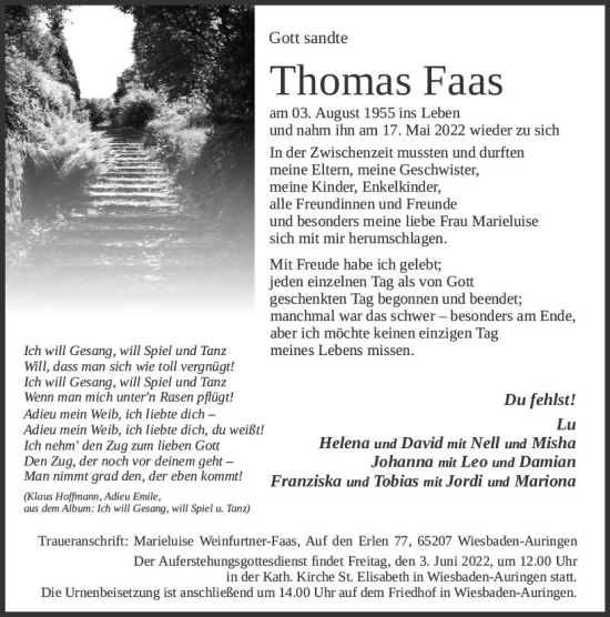 Traueranzeige von Thomas Faas von vrm-trauer Wiesbadener Kurier