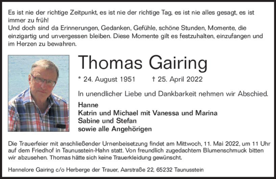 Traueranzeige von Thomas Gairing von vrm-trauer Wiesbadener Kurier