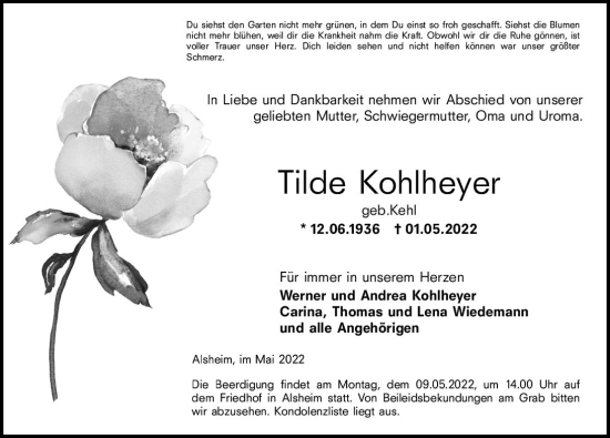Traueranzeige von Tilde Kohlheyer von vrm-trauer Wormser Zeitung