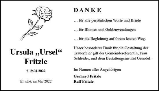 Traueranzeige von Ursula Fritzle von vrm-trauer Rheingau