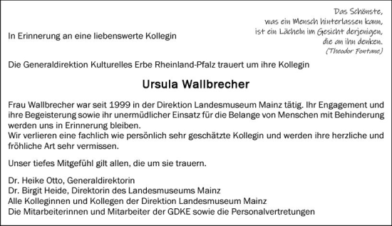 Traueranzeige von Ursula Wallbrecher von vrm-trauer AZ Mainz