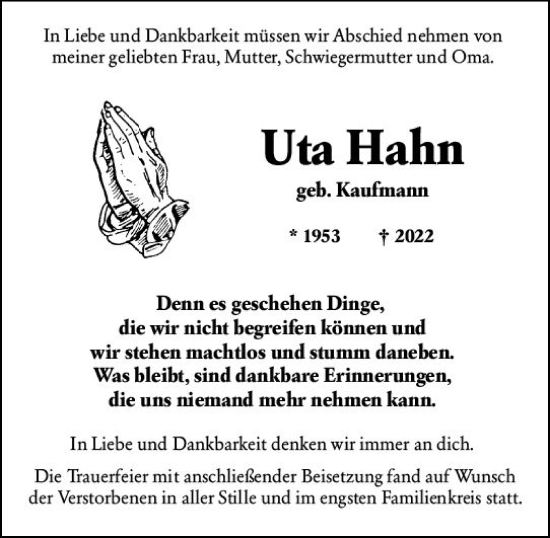 Traueranzeige von Uta Hahn von vrm-trauer Darmstädter Echo