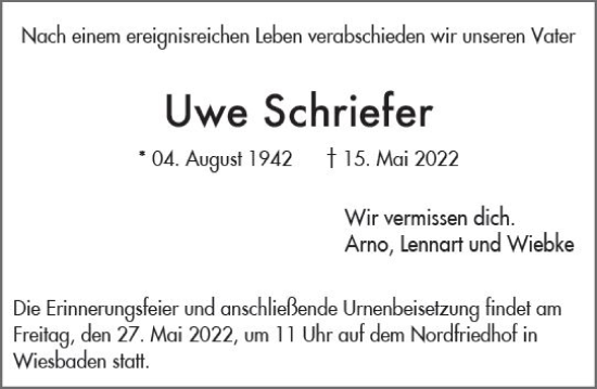 Traueranzeige von Uwe Schriefer von vrm-trauer Wiesbadener Kurier