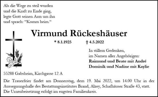 Traueranzeige von Virmund Rückeshäuser von vrm-trauer Allgemeine Zeitung Alzey