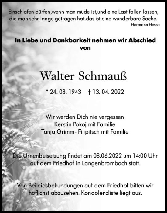 Traueranzeige von Walter Schmauß von vrm-trauer Odenwälder Echo