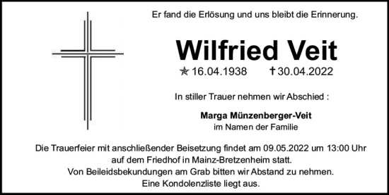 Traueranzeige von Wilfried Veit von vrm-trauer AZ Mainz