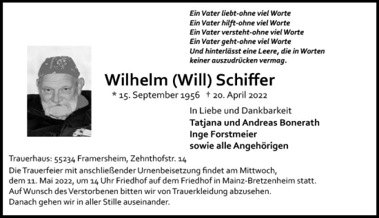 Traueranzeige von Wilhelm Schiffer von vrm-trauer AZ Mainz