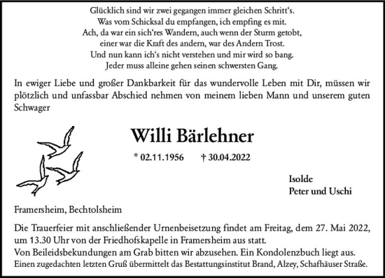 Traueranzeige von Willi Bärlehner von vrm-trauer Allgemeine Zeitung Alzey