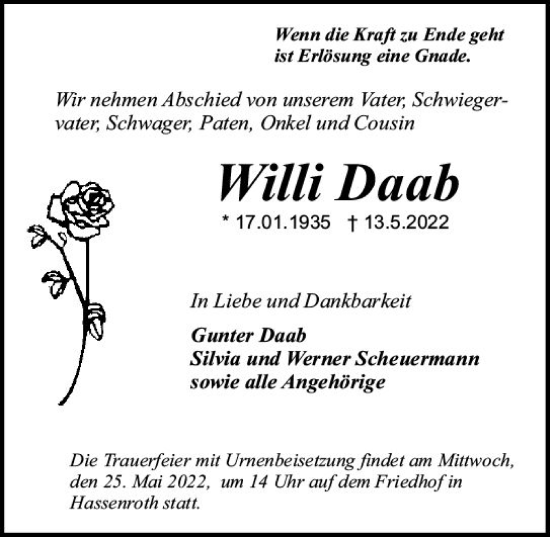 Traueranzeige von Willi Daab von vrm-trauer Odenwälder Echo