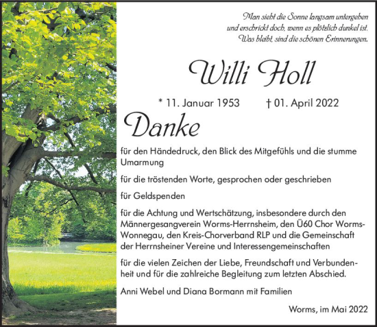 Traueranzeige von Willi Holl von vrm-trauer Wormser Zeitung