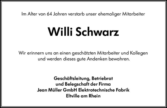 Traueranzeige von Willi Schwarz von vrm-trauer Rheingau