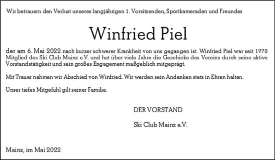 Traueranzeige von Winfried Piel von vrm-trauer AZ Mainz