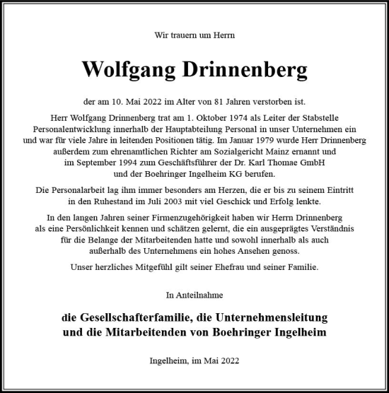 Traueranzeige von Wolfgang Drinnenberg von vrm-trauer Allgemeine  Zeitung Ingelheim-Bingen