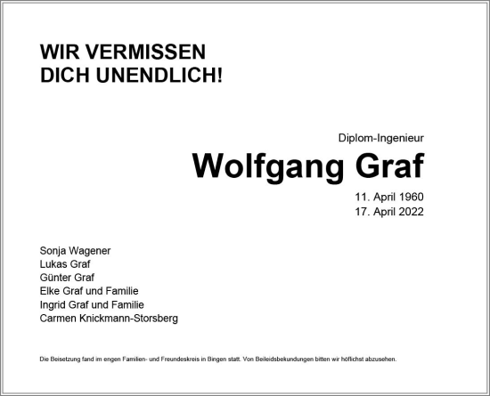 Traueranzeige von Wolfgang Graf von vrm-trauer Allg. Zeitung Bad Kreuznach