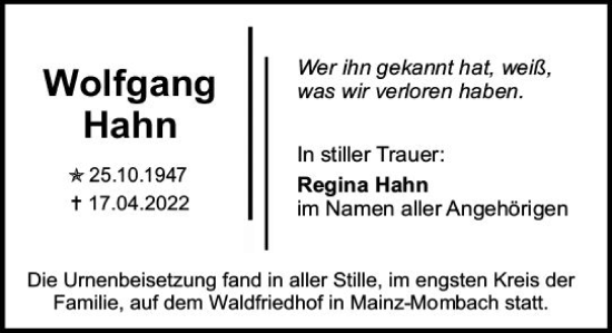 Traueranzeige von Wolfgang Hahn von vrm-trauer AZ Mainz