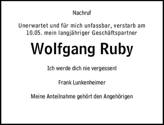 Traueranzeige von Wolfgang Ruby von vrm-trauer Allgemeine  Zeitung Ingelheim-Bingen