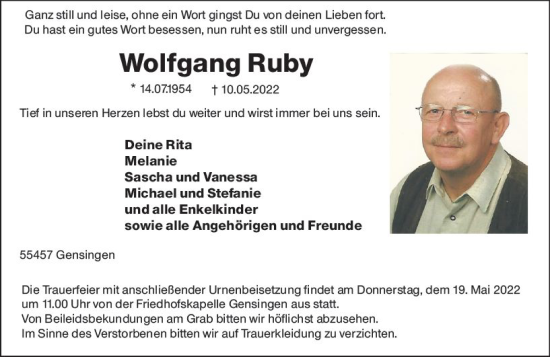 Traueranzeige von Wolfgang Ruby von vrm-trauer Allgemeine  Zeitung Ingelheim-Bingen