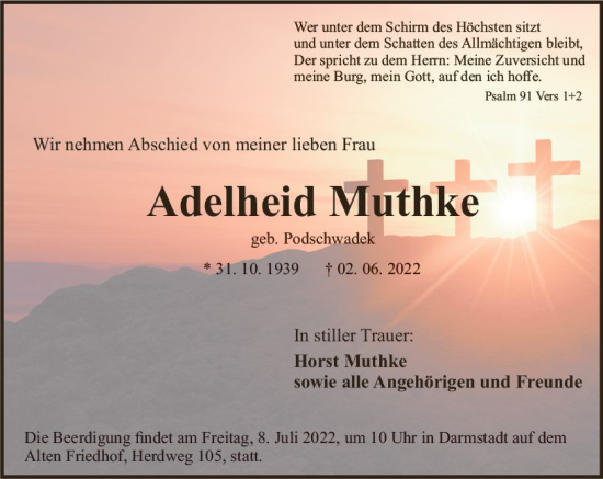 Traueranzeige von Adelheid Muthke von vrm-trauer Darmstädter Echo
