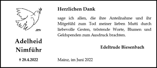 Traueranzeige von Adelheid Nimführ von vrm-trauer AZ Mainz