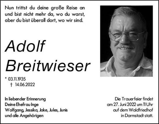 Traueranzeige von Adolf Breitwieser von vrm-trauer Darmstädter Echo