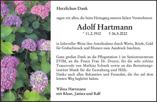 Traueranzeige von Adolf Hartmann von vrm-trauer Hochheimer Zeitung
