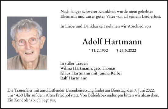 Traueranzeige von Adolf Hartmann von vrm-trauer Hochheimer Zeitung