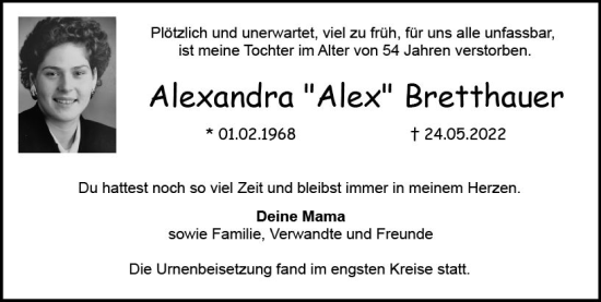Traueranzeige von Alexandra  Bretthauer von vrm-trauer Wiesbadener Kurier