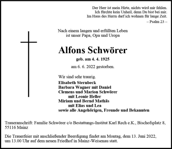 Traueranzeige von Alfons Schwörer von vrm-trauer AZ Mainz