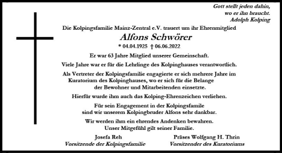 Traueranzeige von Alfons Schwörer von vrm-trauer AZ Mainz