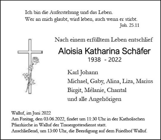 Traueranzeige von Aloisia Katharina Schäfer von vrm-trauer Rheingau