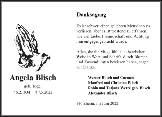 Traueranzeige von Angela Blisch von vrm-trauer Rüsselsheimer Echo / MainSpitze
