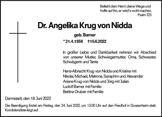 Traueranzeige von Angelika Krug von Nidda von vrm-trauer Darmstädter Echo