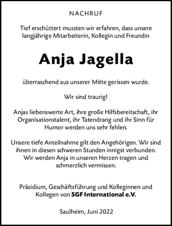 Traueranzeige von Anja Jagella von vrm-trauer AZ Mainz