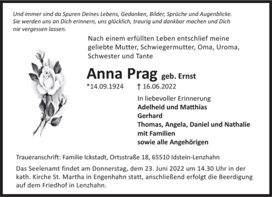 Traueranzeige von Anna Prag von vrm-trauer Idsteiner Zeitung