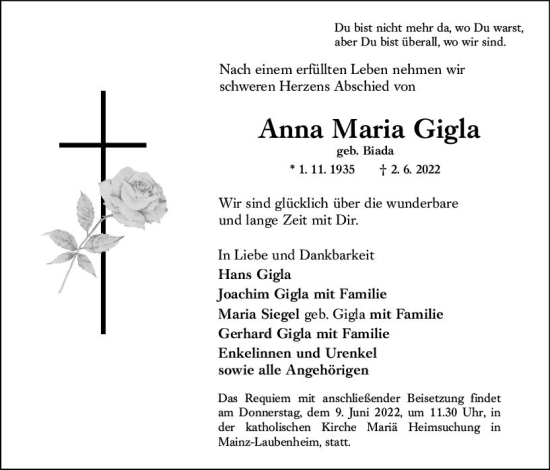 Traueranzeige von Anna Maria Gigla von vrm-trauer AZ Mainz