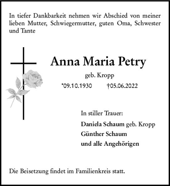 Traueranzeige von Anna Maria Petry von vrm-trauer AZ Mainz