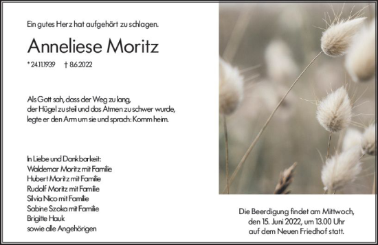 Traueranzeige von Anneliese Moritz von vrm-trauer Hochheimer Zeitung