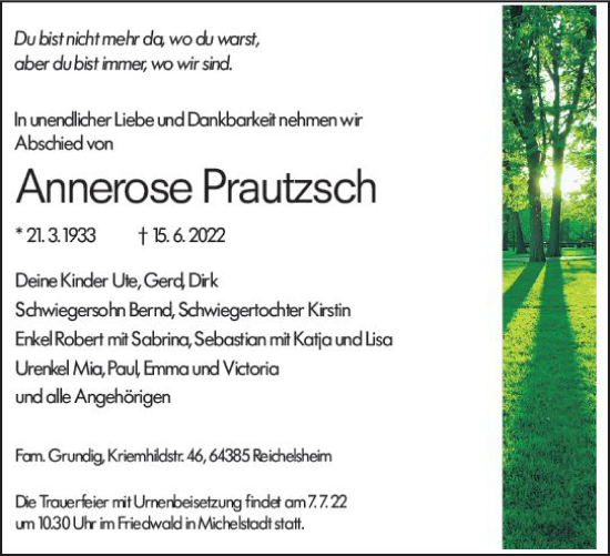Traueranzeige von Annerose Prautzsch von vrm-trauer Odenwälder Echo