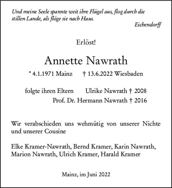 Traueranzeige von Annette Nawrath von vrm-trauer AZ Mainz
