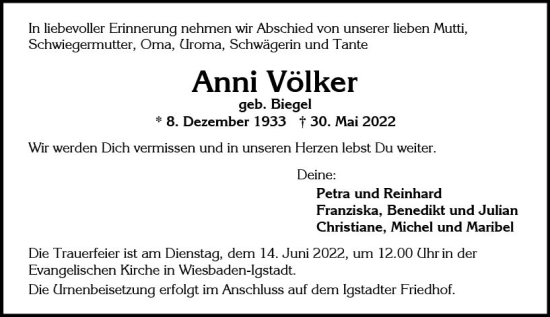 Traueranzeige von Anni Völker von vrm-trauer Wiesbadener Kurier
