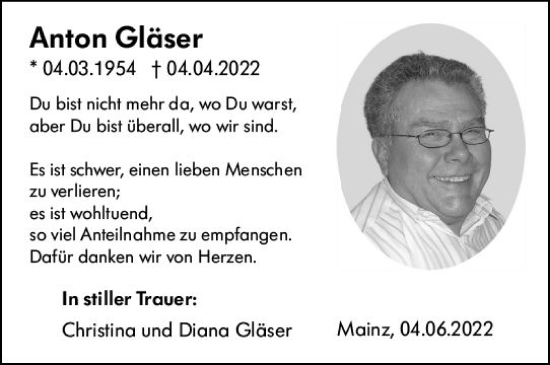 Traueranzeige von Anton  Gläser von vrm-trauer Wiesbadener Kurier